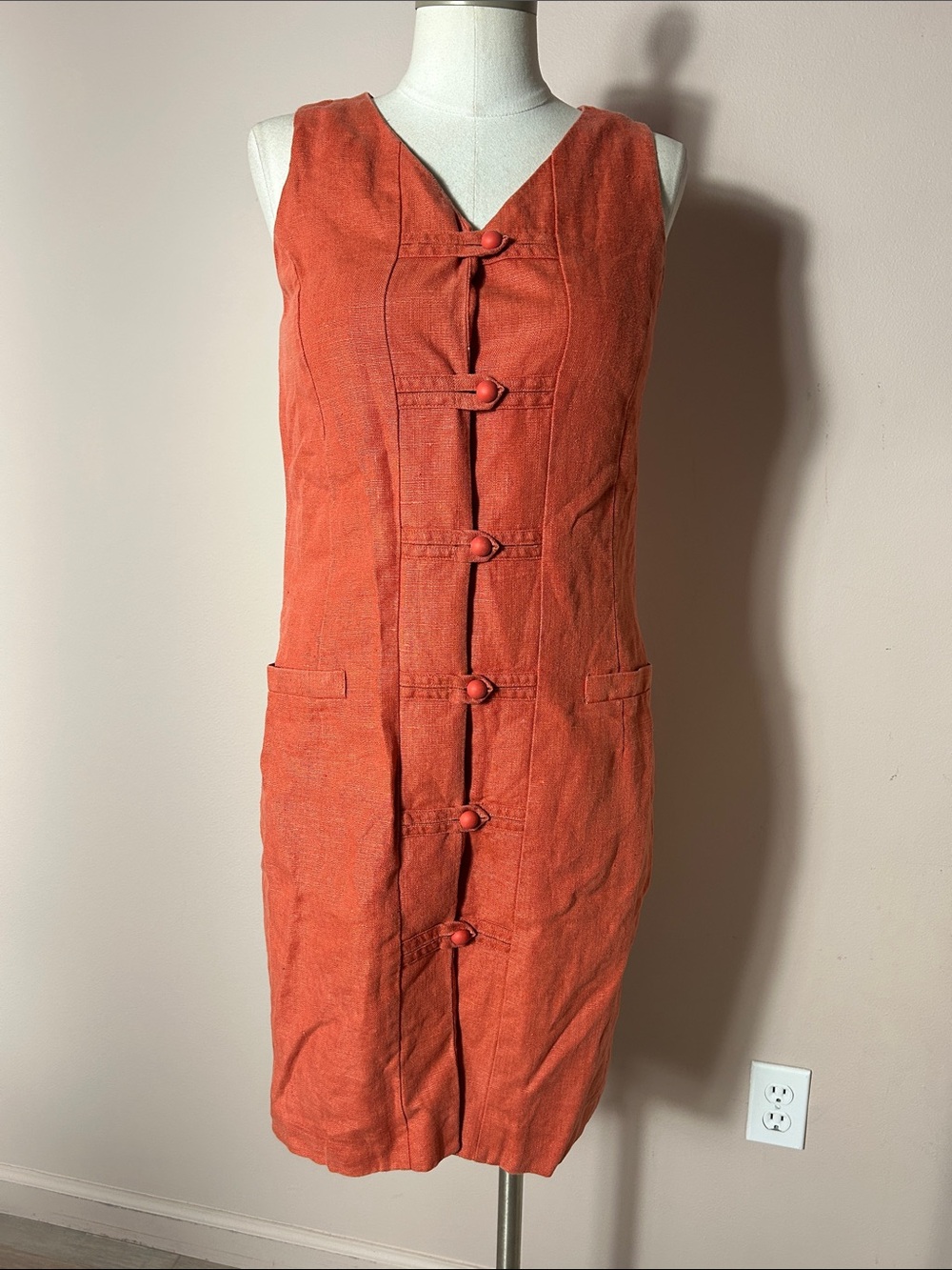 VTG Linen Women's Sleeveless Button-Front Shift Dress - Rust Orange size S*